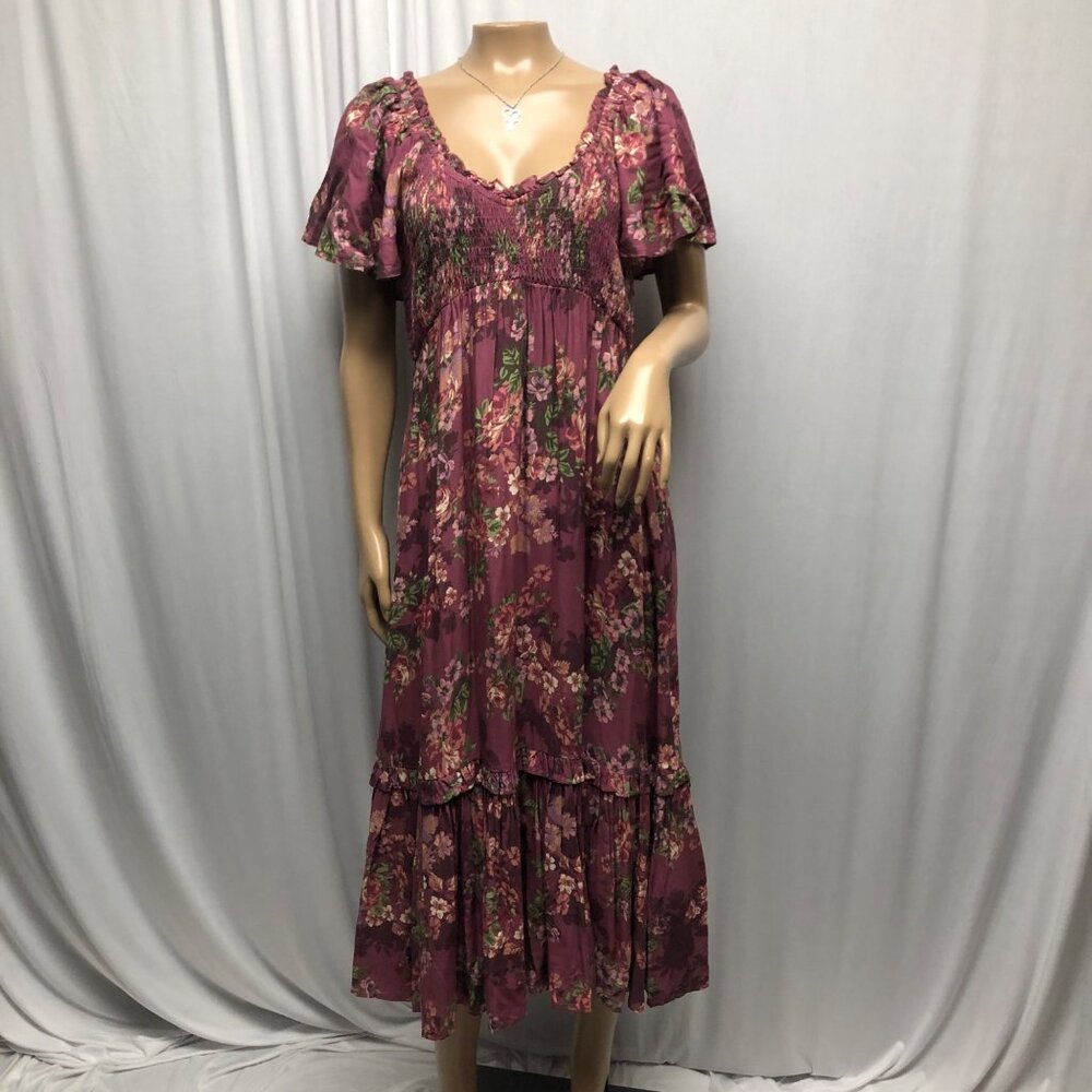 Maurices Midi Dress Womens Size Small Floral Burgundy Smocked Tiered Prairie